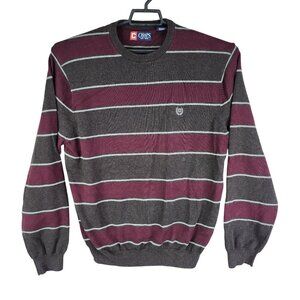 Mens Chaps Burgundy & Gray Striped Sweater 100% Cotton Crewneck Long Sleeve L
